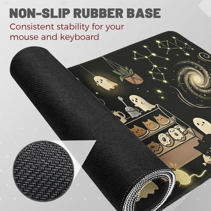 Cute Ghost Desk Pad Mouse Pad Halloween Cozy Spooky Black Cat Extended Gaming Mouse Pad Mat with Stitched Edge Non-Slip Base Big Mousepad 31.5 x 11.8 Inch