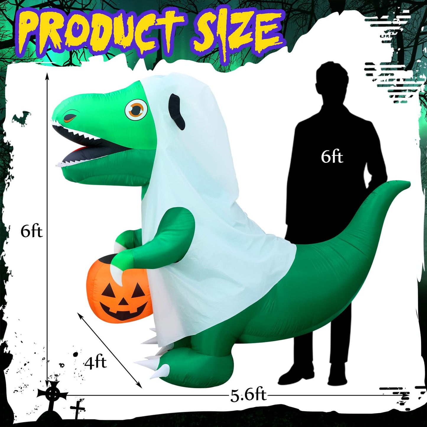 RoundFunny 6 FT Halloween Inflatables Dinosaur Outdoor Decorations Ghost Dinosaur with Pumpkin Inflatables Decoration with Built in LEDs for Halloween Party Yard Lawn Garden Decor