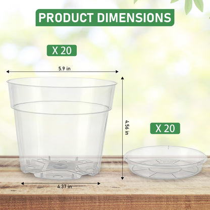 Garvee 20 Pack 6 Inch Clear Nursery Pots with Drainage Trays, Thickened Plastic Plant Pots with Saucer, Transparent Plastic Plant Pot Seeding Start Planters for Indoor Outdoor