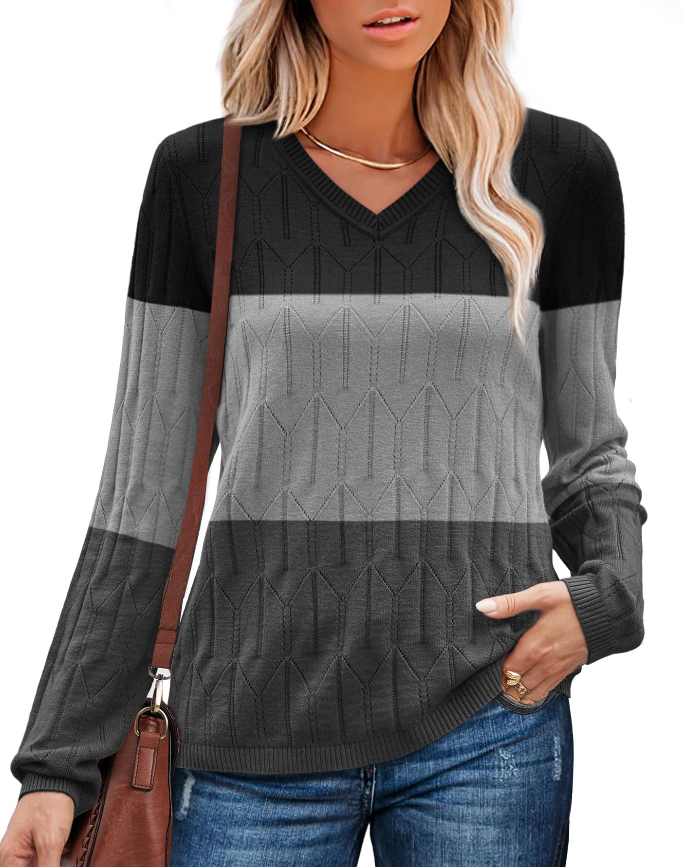 OFEEFAN Womens Sweaters Long Sleeve Shirts Fall Outfits 2025 V Neck Soft Knit Pullover Trendy Tops Dressy Casual Blouses