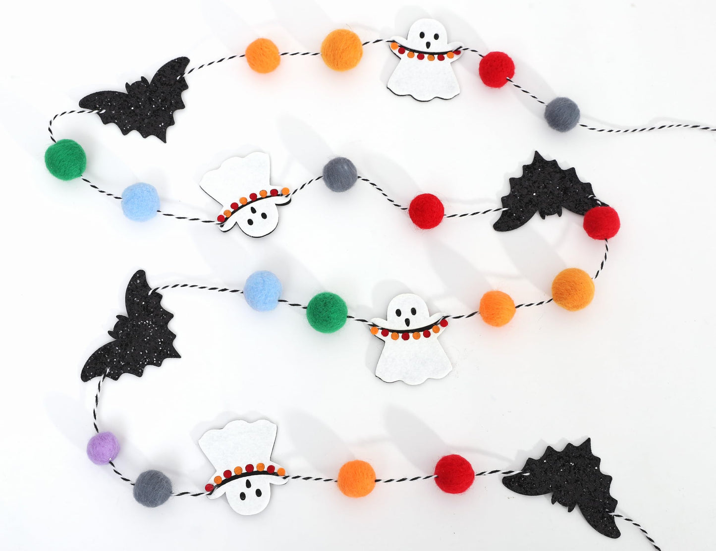 Felt Bat Ghost Garland - Spooky Halloween Party Decorations,Spooky Banner with Colorful Felt Balls,Halloween Wall Mantel Hanging Garland,Black Bat White Ghost Photo Backdrop