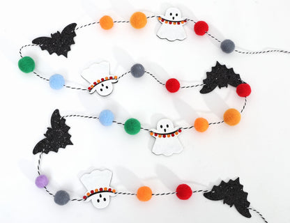 Felt Bat Ghost Garland - Spooky Halloween Party Decorations,Spooky Banner with Colorful Felt Balls,Halloween Wall Mantel Hanging Garland,Black Bat White Ghost Photo Backdrop