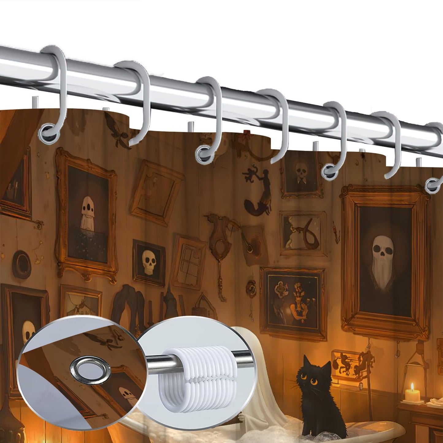 JEJOMEAG Funny Ghost Cat Shower Curtain Cute Halloween Scary Spooky Fun Orange Gothic Fabric Bathroom Decor Curtain with Hooks, 70Wx70H