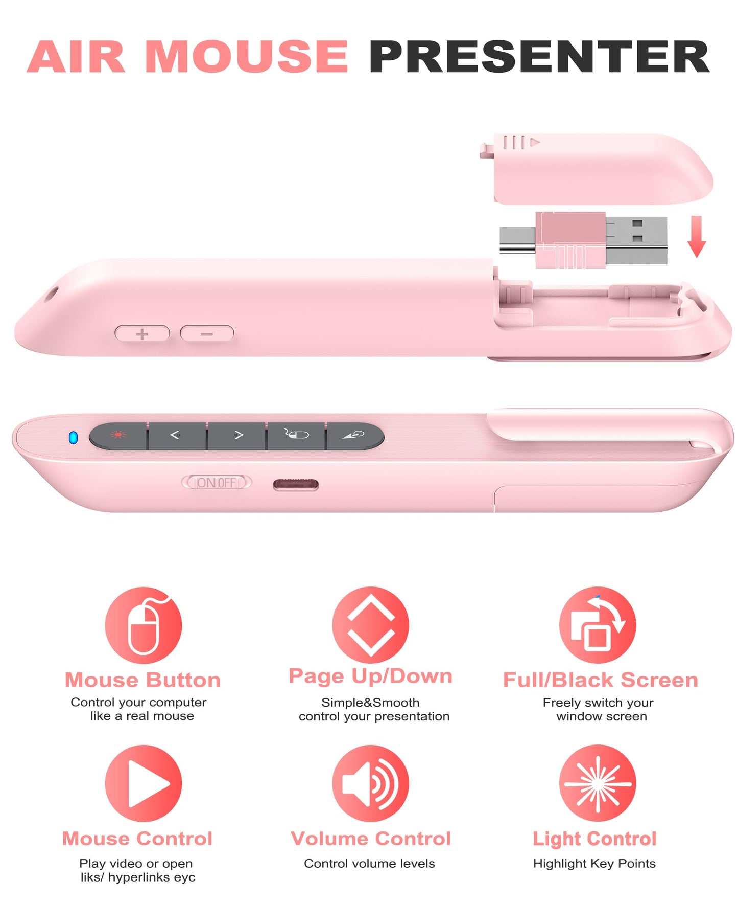 DINOSTRIKE Pink Wireless Presentation Remote with Air Mouse, Rechargeable USB C Slide Clicker Compatible with PowerPoint for Mac and Windows Laptops (2.4GHz)
