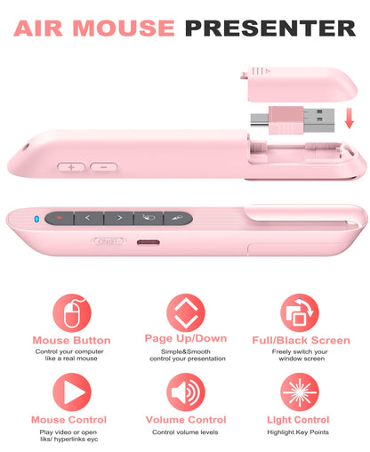 DINOSTRIKE Pink Wireless Presentation Remote with Air Mouse, Rechargeable USB C Slide Clicker Compatible with PowerPoint for Mac and Windows Laptops (2.4GHz)