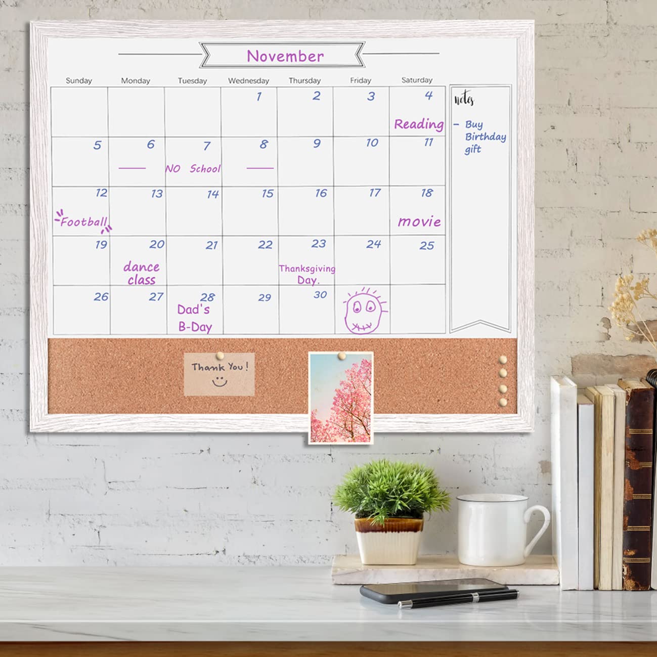Dry Erase Calendar Whiteboard for Wall, Combination Magnetic Dry Erase White Board & Bulletin Board, 17.7" x 21.6" White Wood Framed Calendar/Cork Combo Board(WH-4555)