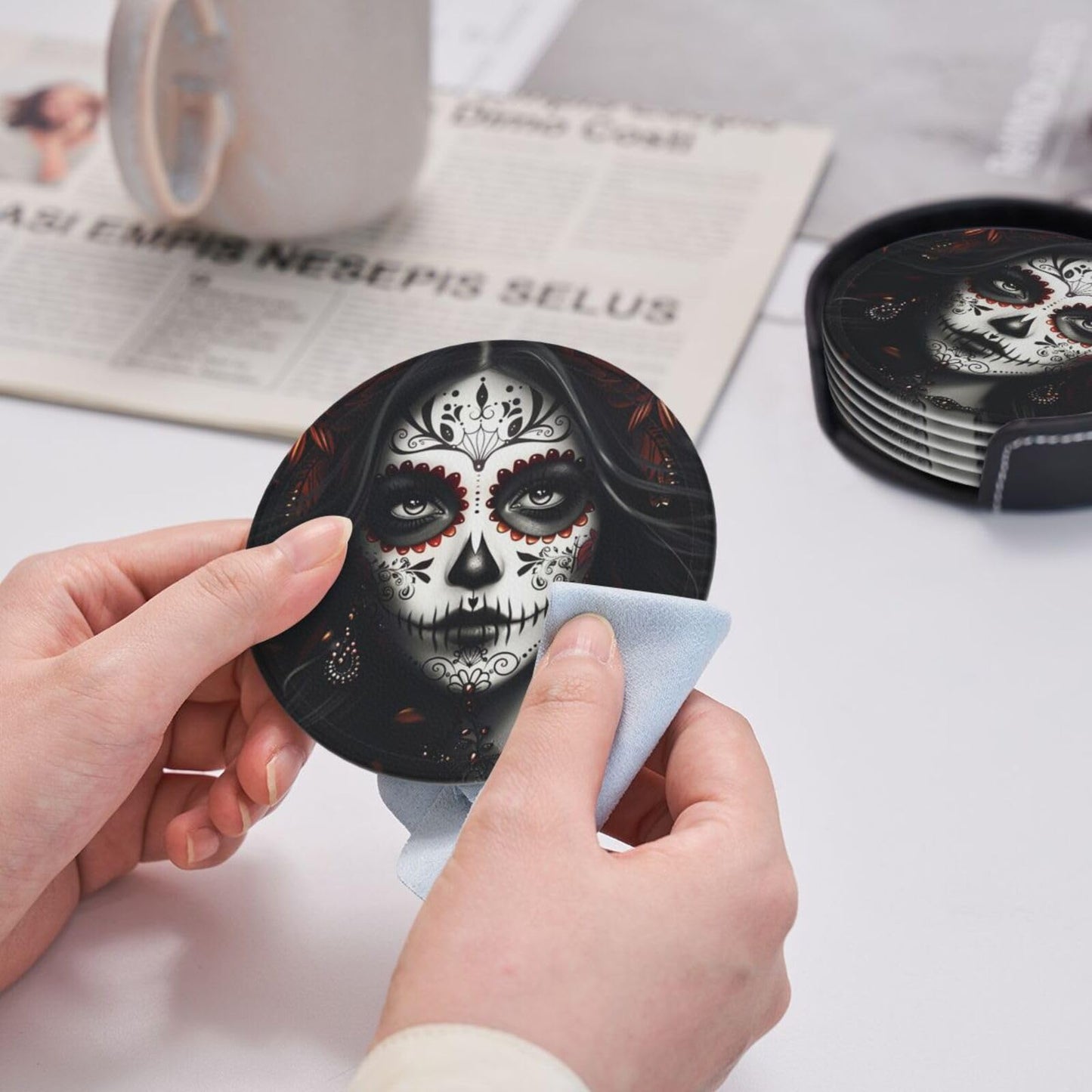 Sugar Skull Coasters with Holder Leather Coasters for Drinks Set of 6 Funny Halloween Drink Coasters Sets for Living Room Kitchen Coffee Bar Holiday Decor