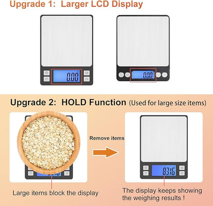 BOMATA 0.01g/1kg Upgraded Small Digital Scale, USB Rechargeable, with Larger Display and Hold,Tare Function, 9 Units, High Precision Digital Scale Grams and oz for Small Item, Kitchen…Grey