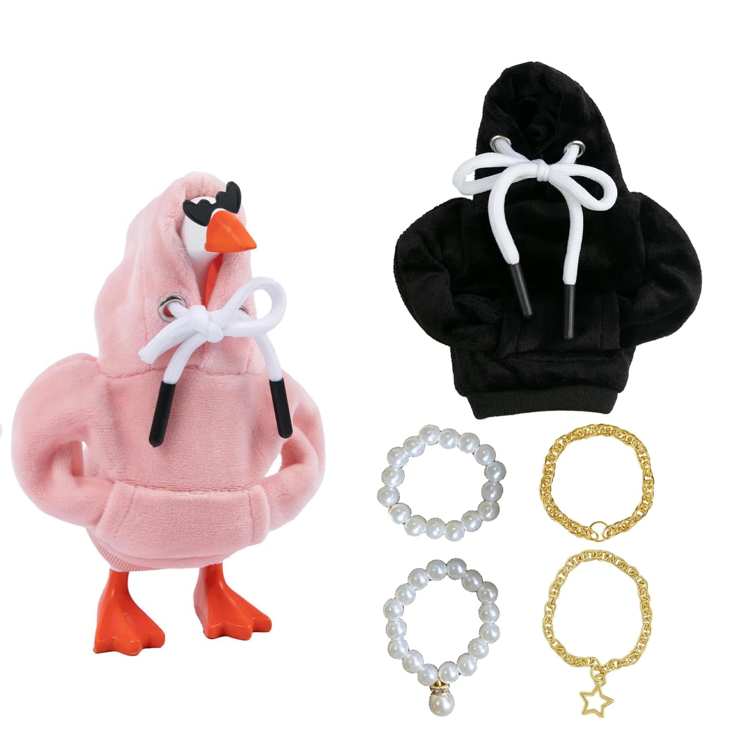 Desk Mini Goose Key Holder 6.5 Inch,Mini Goose Accessories With 2 Pieces Desktop Goose Clothes Love Eyeglasses Pearl Necklaces Gold Necklaces,One Silly Goose Birthday Decor,Includ Goose Statue Decor.
