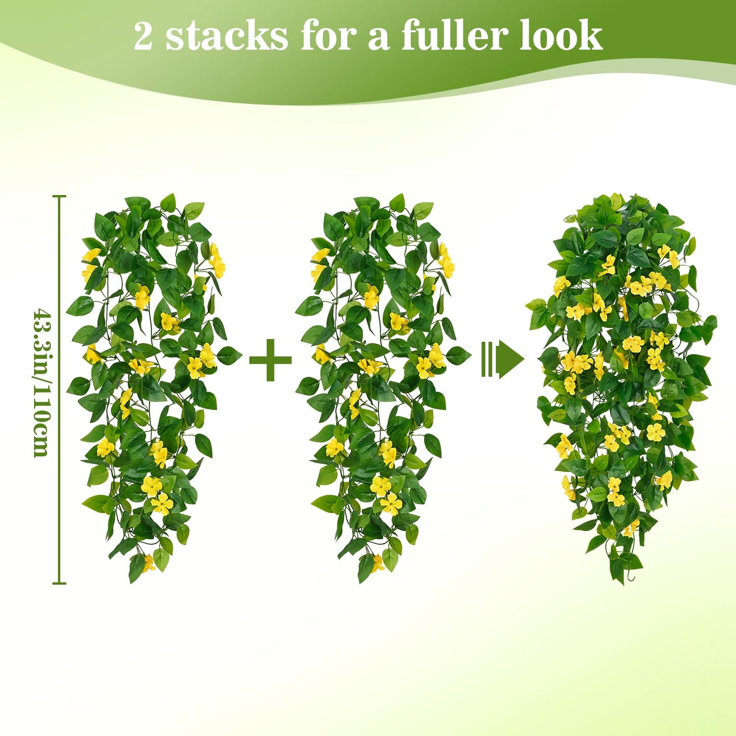 BLEUM CADE Artificial Hanging Flowers for Outdoors, 2pcs Fake Hanging Plants Pothos Vines with Yellow Flowers for Wall Home Living Room Indoor Outdoor Decor (No Baskets)