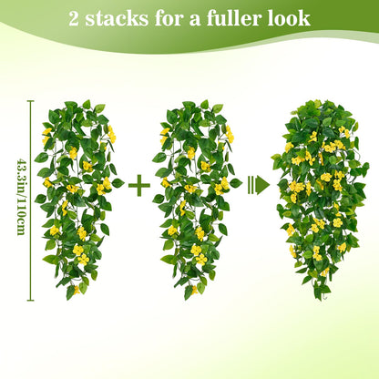 BLEUM CADE Artificial Hanging Flowers for Outdoors, 2pcs Fake Hanging Plants Pothos Vines with Yellow Flowers for Wall Home Living Room Indoor Outdoor Decor (No Baskets)