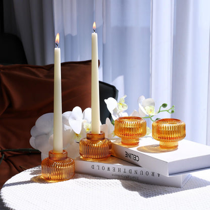 Woho Candlestick Holders Set of 4, Amber Votive Candle Holders for Fall Wedding Table Centerpiece, Ribbed Glass Taper Candle Holders for Dinner Party Halloween Thanksgiving Decor