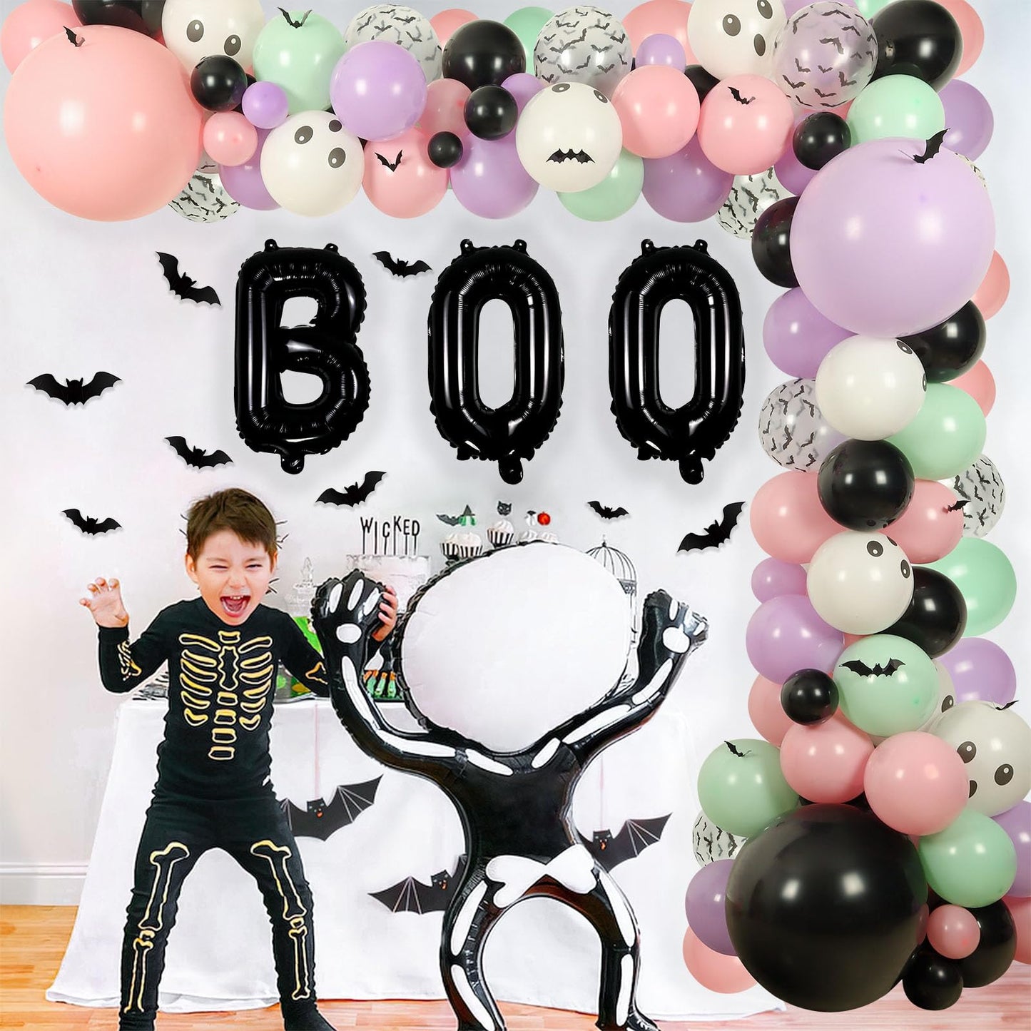 Halloween Balloon Arch Baby Showers Decorations, 18" 10" 5" Black Purple Pink Balloons with 3D Bat Stickers for Halloween Birthday Baby Shower Outdoor Indoor Decorations