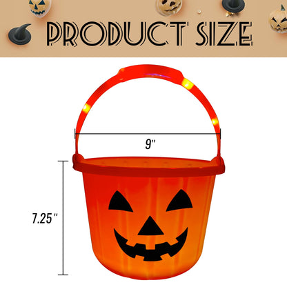GIFTEXPRESS Light Up Halloween Pumpkin Bucket - Plastic Jack O Lantern w/Glow in The Dark Handles & 3 LED Lights - Trick Or Treat Candy Basket & Cauldron Decoration Pail for Kids
