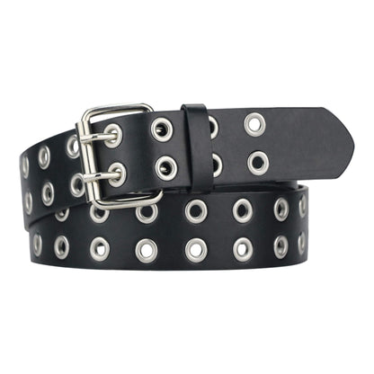 Grommet Leather Belts for Women, Black Belt Women Men - Double Studded Holes-Fit for waist up to 45''