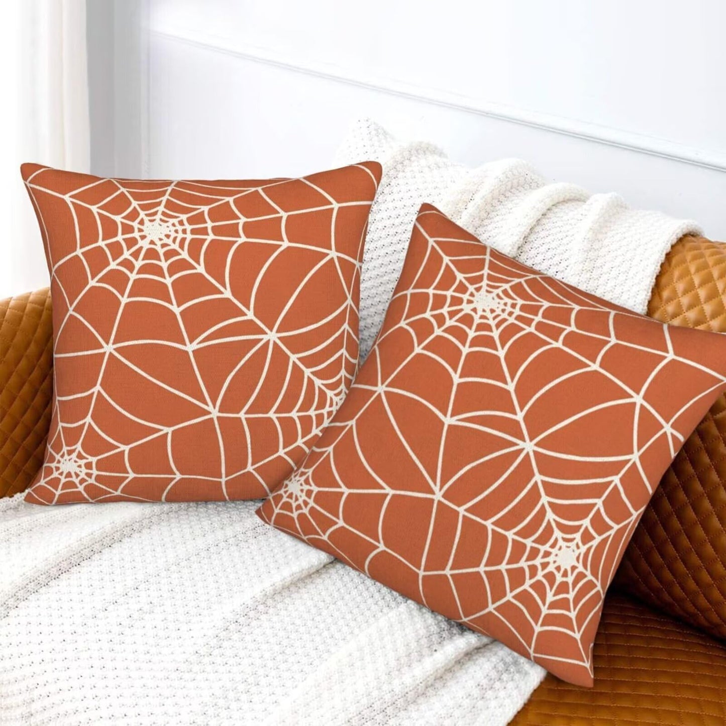 Sunshineyan Halloween Pillow Covers 20 x 20 inch Set of 2, Orange Spider Web Decorative Throw Pillow Covers Holiday Farmhouse Outdoor Halloween Pillowcase for Couch Sofa Home Decor