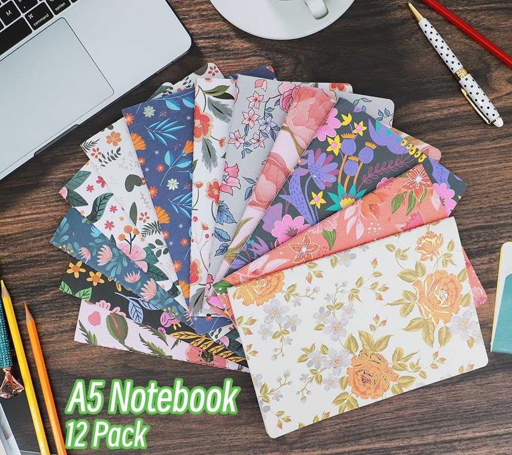 Composition Notebook Journals -12 Pack with 60 Lined Pages, 30 Sheets, Sewn Binding, Hard Cover Books Embossed Cover in Floral Bliss Pattern (5.75 x 8.35 Inches) for School, Office, or At-Home Use