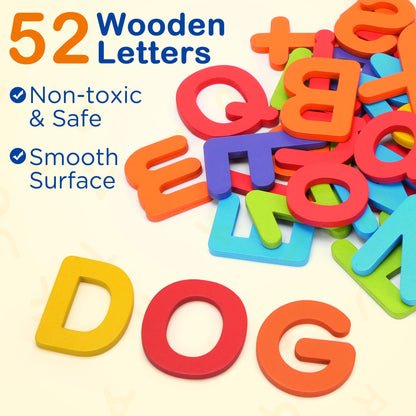 BenBen Alphabet Flash Cards, 52 Upper and Lowercase Wooden Letters, 26 Flashcards, Montessori ABC Learning Toys for Kids Ages 3-5, Preschool Learning Activities, Matching Game Puzzles