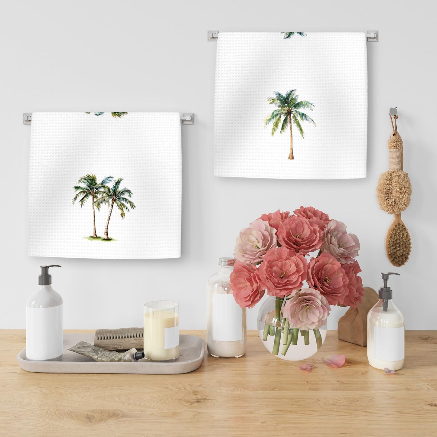 OINDADE Coastal Palm Tree Kitchen Hand Towels Set of 2, Summer Coconut Tree Decor for Kitchen Bathroom, Summer Botanical Beach Tropical Plant Hand Towels for Bathroom Toilet Washroom, 16x24In