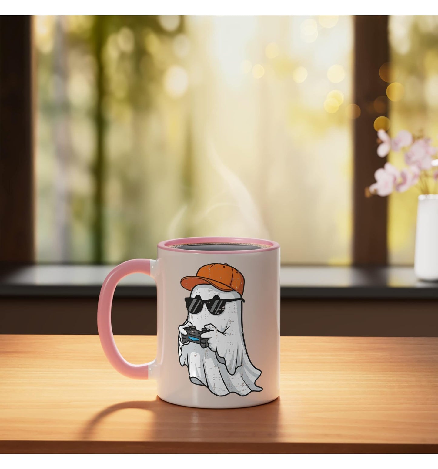 Halloween Gaming Ghost Gamer Costume Men Boys Kids Youth Ceramic Mug, Pink/White