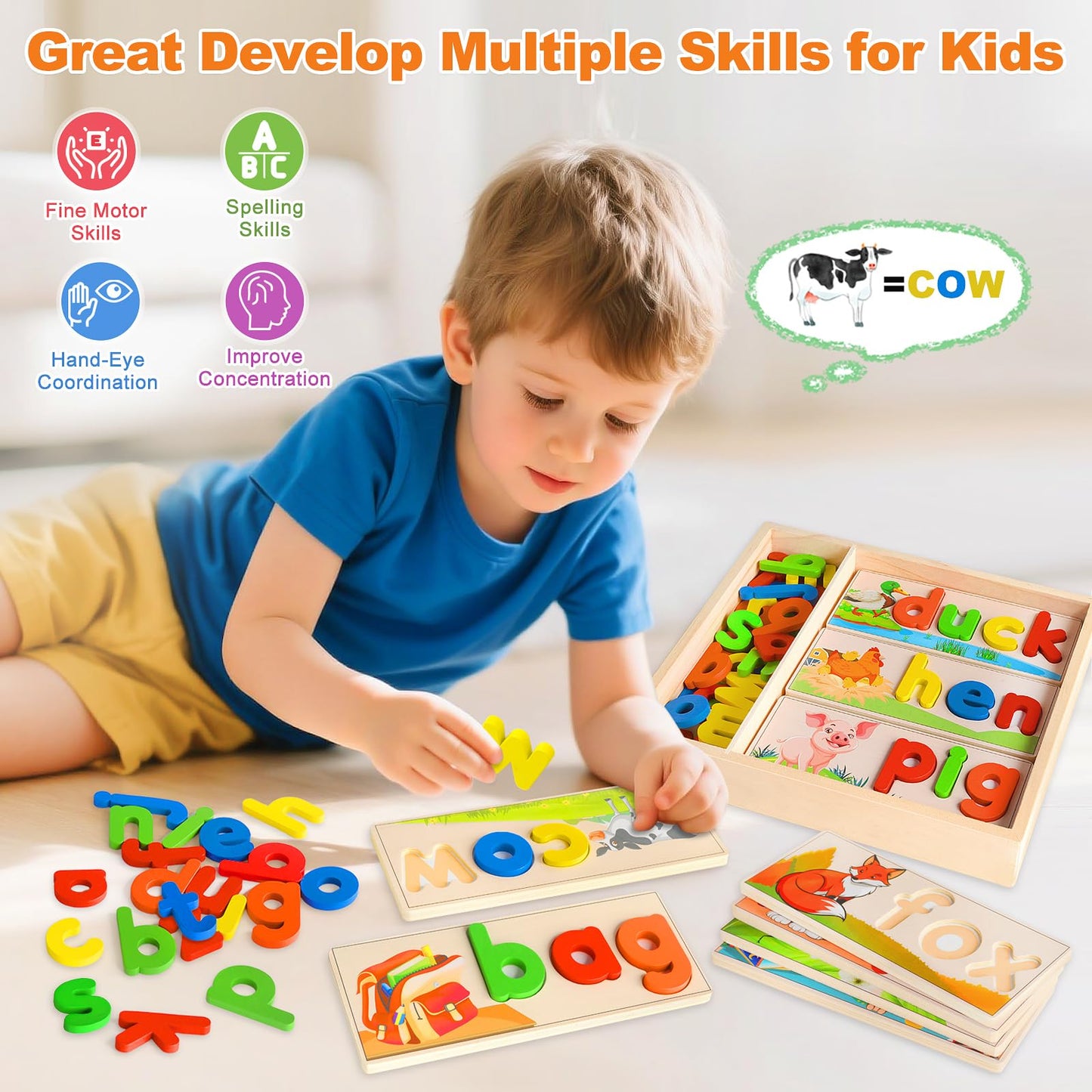 Wooden See & Spell Learning Toys for 2 3 4 5 Year Old Kids, Preschool Learning Activities Alphabet Flash Cards, Educational Match Letter Game Board, CVC Word Builder Montessori Toys Gifts for Boy Girl