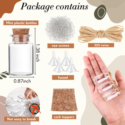 Bokon 100 Packs Mini Plastic Bottles with Corks Stoppers Eye Screws Funnels Small Potion Bottles Tiny Clear Sand Art Jar Wishing Vial for Birthday Party DIY Crafts Gift