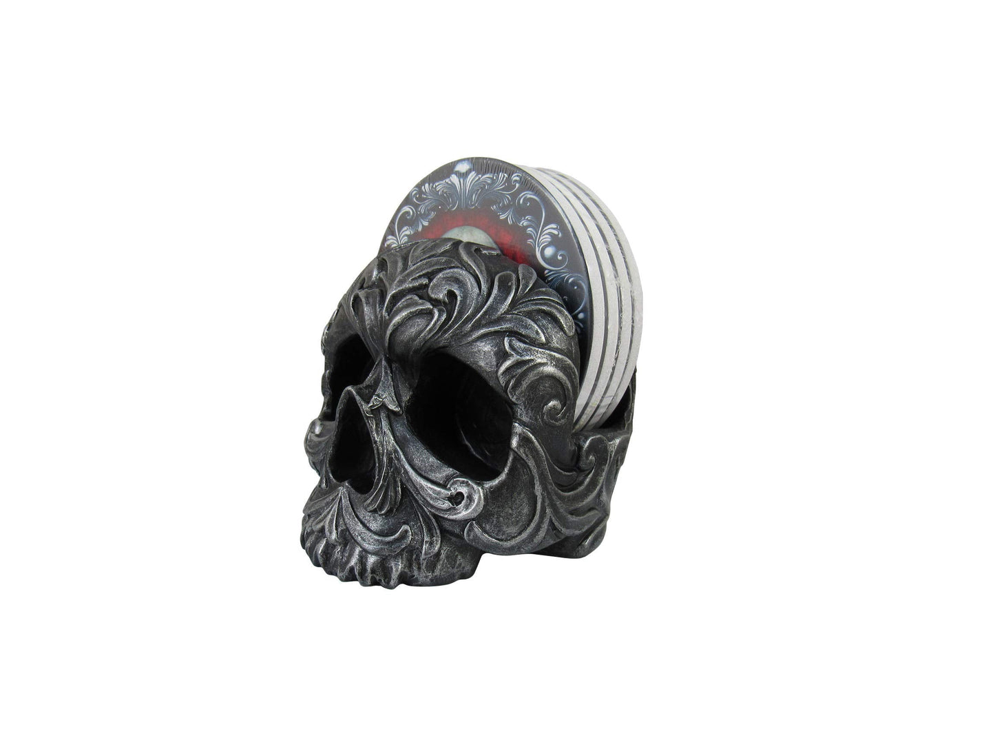 DWK Deathly Delights Decorative Gothic Skull Drink Coasters | 4 Piece Coasters for Drinks Absorbent with Holder Set | Home Decorations for Living Room | House Warming Presents - 5"