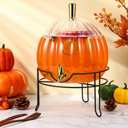 Romooa 1.3 Gallon Halloween Plastic Drink Dispenser with Metal Stand Spigot Pumpkin Shaped Drink Dispenser Beverage Flask with Spigot for Fall Harvest Summer Halloween Autumn Party Supplies(Clear)