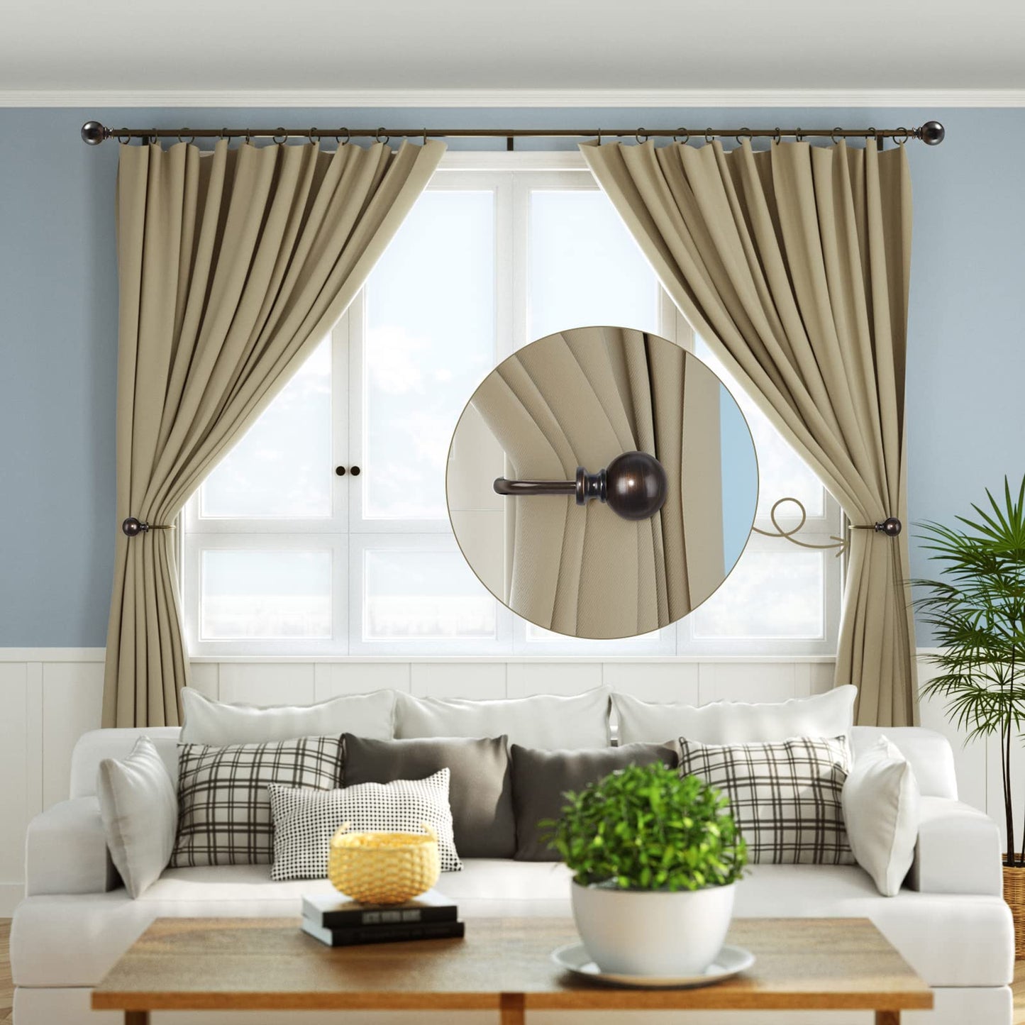 KAMANINA Curtain Holdbacks, Decorative Curtain Tiebacks Wall Mounted with Round Finials, Metal Window Treatment Holdbacks with Screws, Bronze Curtain Hooks for Drapes (1 Pair/2 Pack, Small)