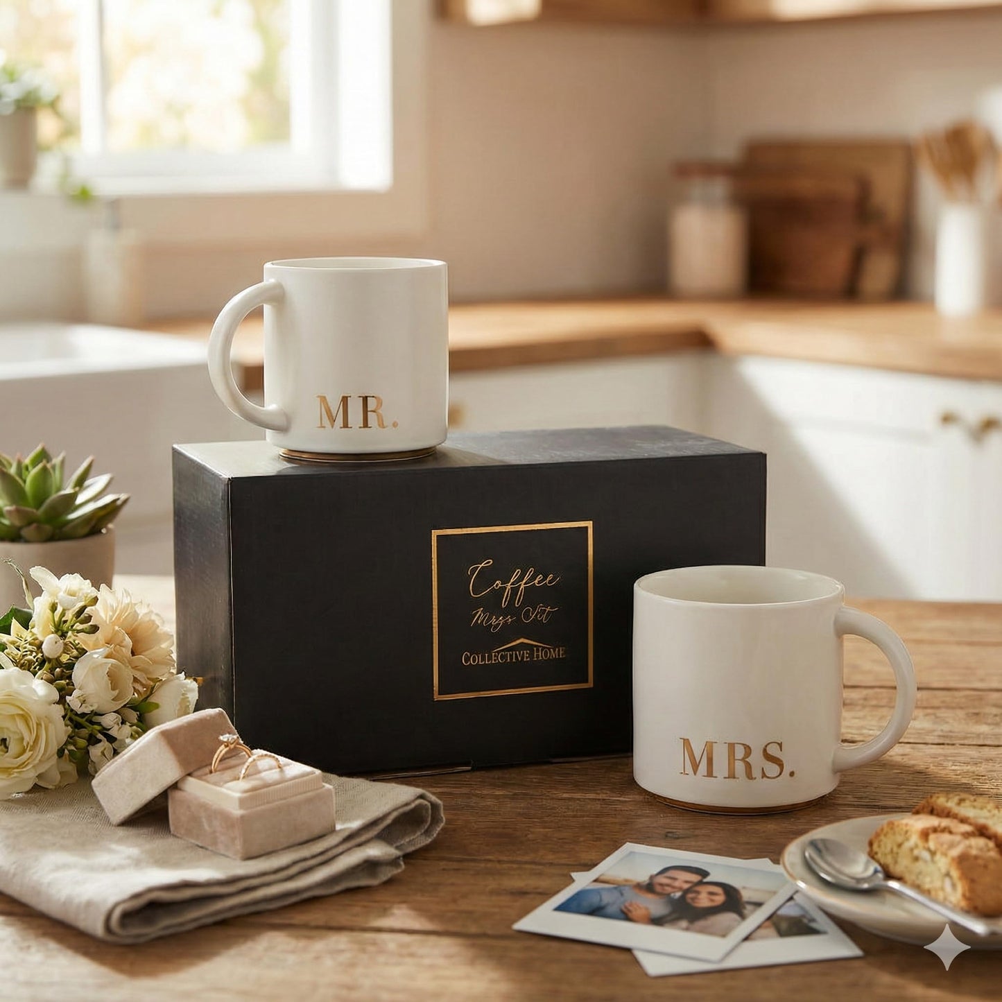 COLLECTIVE HOME Mr. & Mrs. Ceramic Mug Set - 15oz Luxury Wedding Gift for Couples, Elegant 2-Piece Coffee Cups for Newlyweds, Anniversary & Engagement Gift Box Set (MR & MRS)