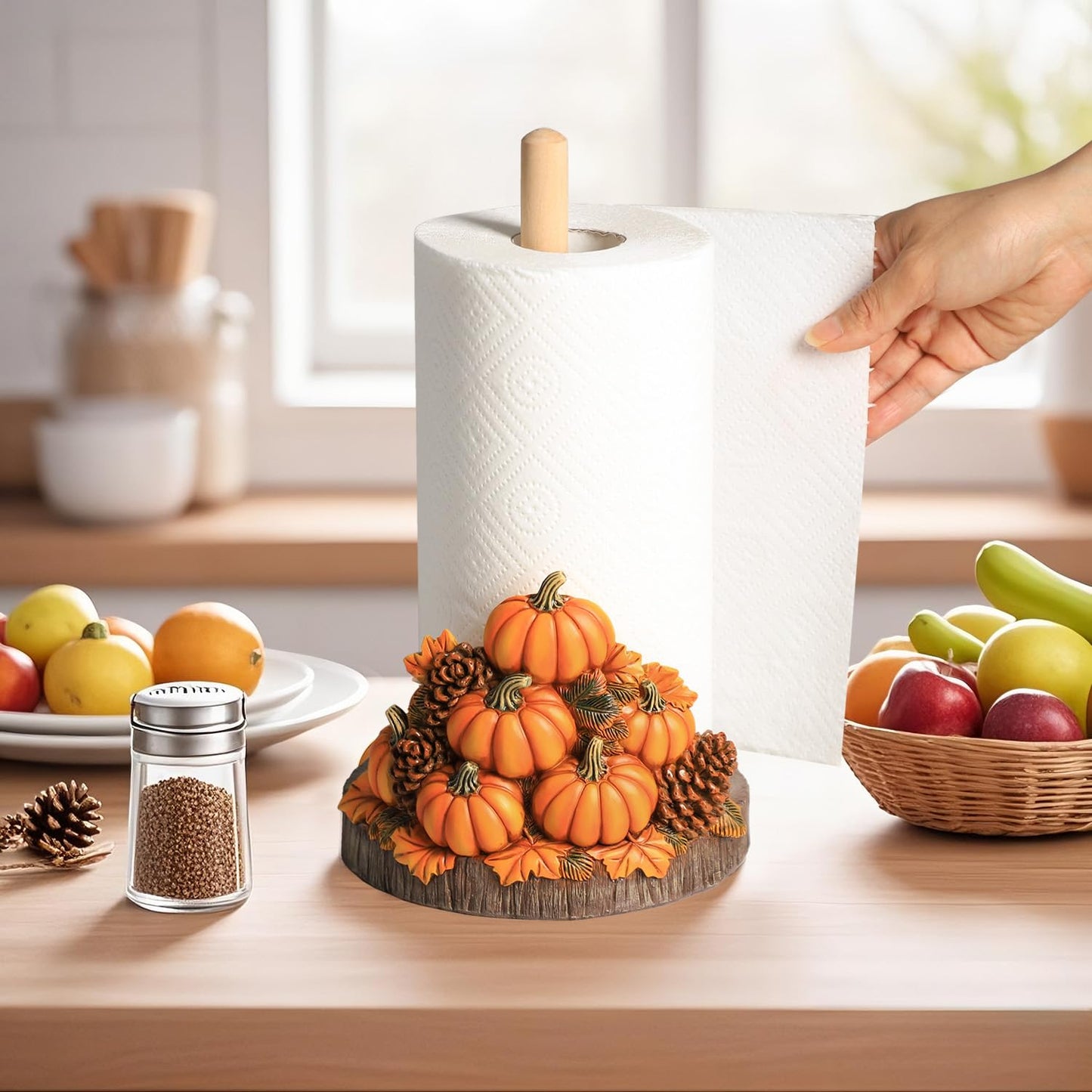 Bicuzat Autumn Maple Leaves Pumpkin Pattern Paper Towel Holder Stand, Resin Pumpkin Crafts Display for Kitchen Countertop, Halloween, Cafe, Restaurant, Cake Shop, Dessert Shop-Pumpkins