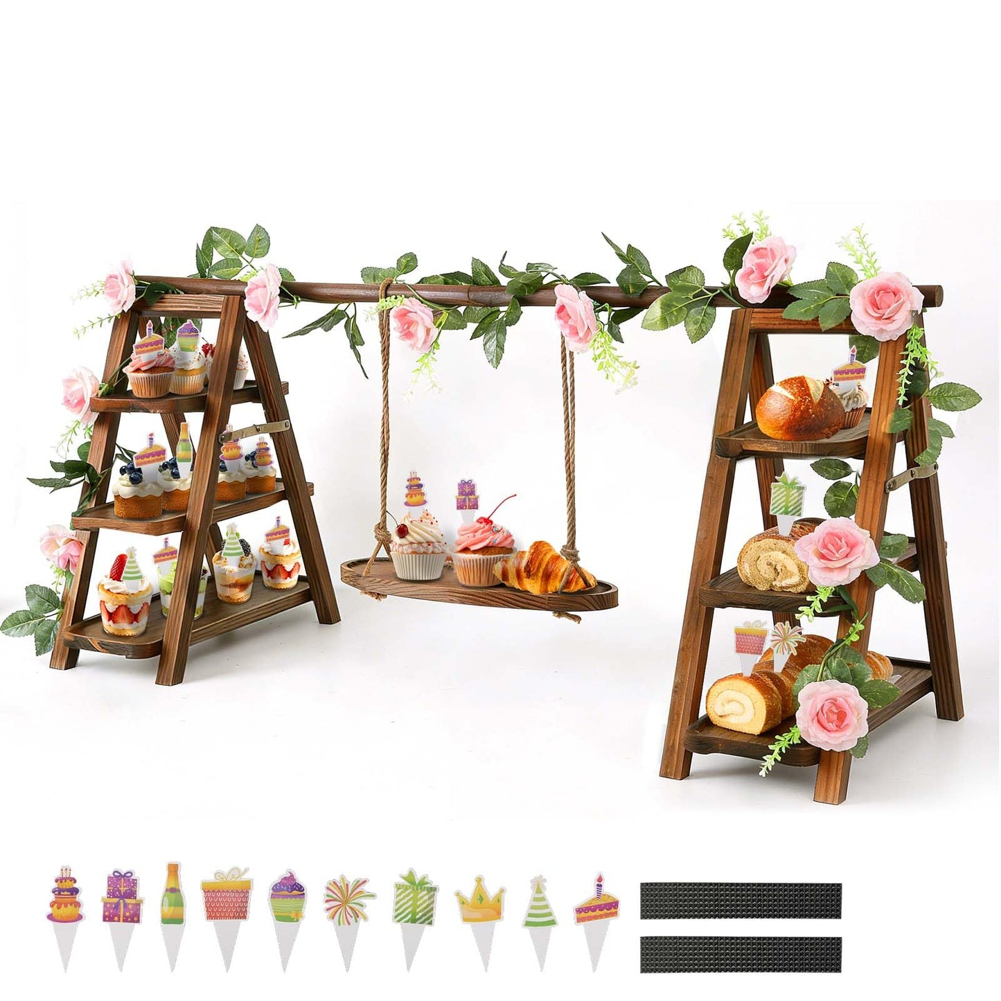 Wooden Cupcake Stand, 3 Tier Dessert Display Serving Tray with Swing and Flower Decoration, Foldable Tiered Ladders Stand for Party, Birthday, Wedding, Baby Shower, Table Food Display for Fruit Bread
