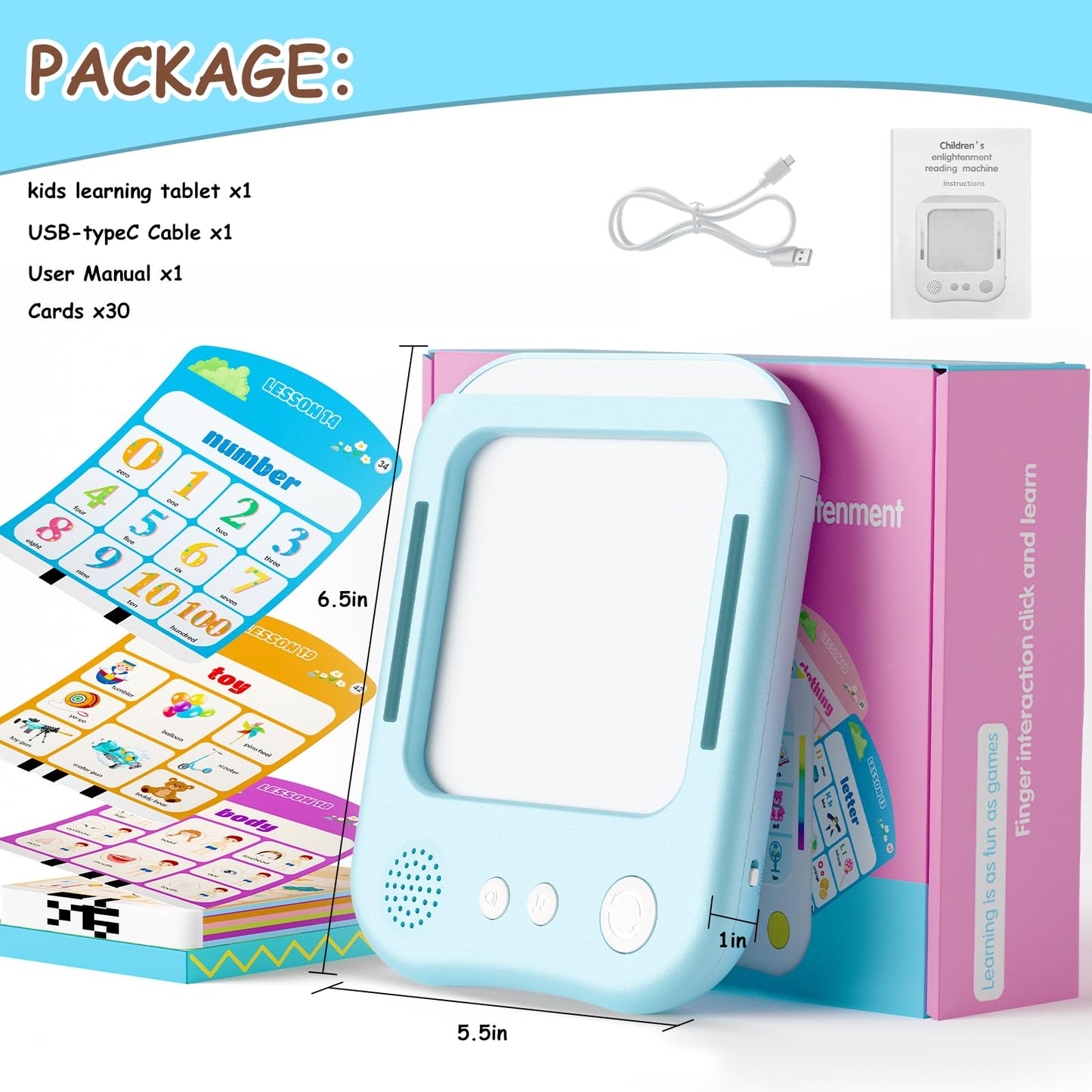 Interactive Educational Learning Tablet Toy for Kids,Screen-Free Phonics Learning Toy with 30 Flash Cards for Alphabets, Numbers, Words, Animals, Learn to Read for Boys Girls 3-5 Years Old, Blue