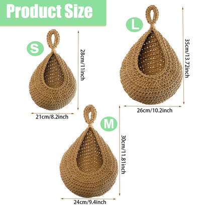 Velloray Hanging Fruit Baskets for Kitchen - Handwoven in 3 Sizes Boho Wall Hanging Basket with 3 Hooks, Bohemian Teardrop Jute Hanging Holder for Fruits Vegetable Potato Onion Storage