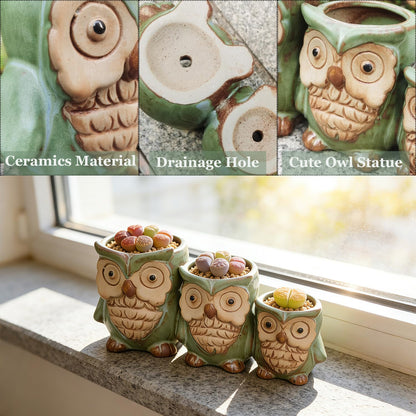 Giafiny Cute Owl Planter, Small Funny Succulent Pots, Unique Decorative Animal Statue Ceramics Plant Pot for Indoor/Outdoor Home Office with Drainage, Owl Gifts for Women Mother Teacher, Three Owls