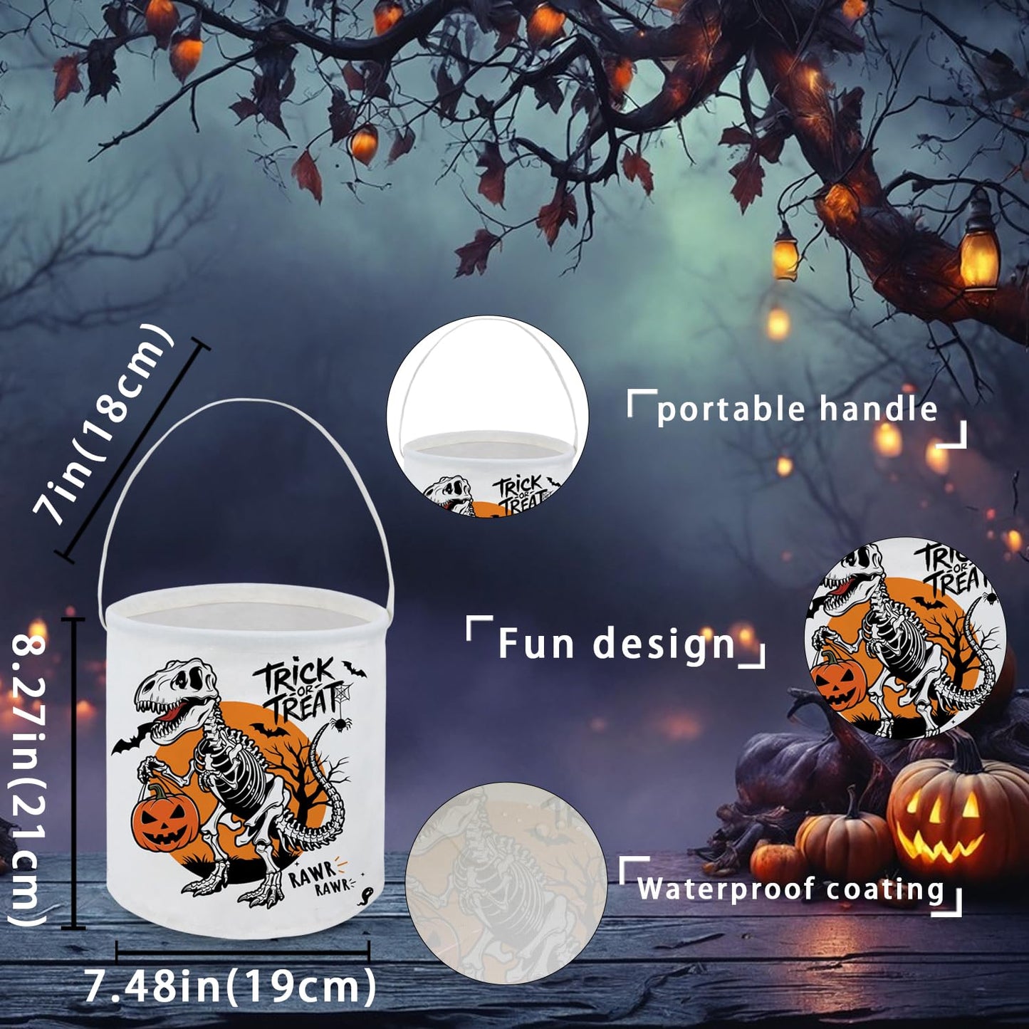 FXOCSHE Halloween Trick or Treat Bucket,Cute bucket,candy tote with handles,party supplies,holiday party decoration gift basket(Dinosaur Halloween)