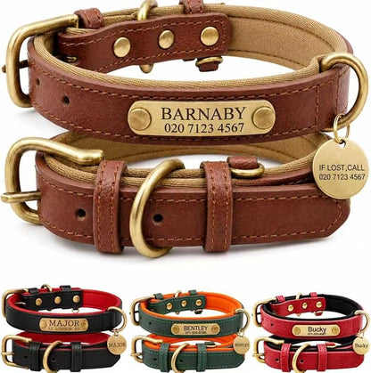 Leather Dog Collar Personalised and Leash Set, Personalized with Soft Padded Design Heavy Duty Featuring Custom Engraved Name Plate for Small Medium and Large Dogs