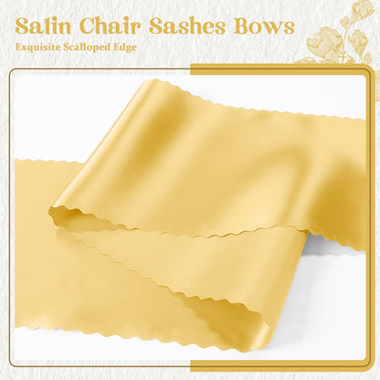 Eychei 12pcs Gold Satin Chair Sashes & Bows, 7x108in Chair Bow Ties for Wedding, Party, Banquet, Restaurant, Hotel Events
