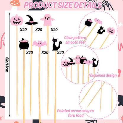 Whaline 120 Pcs Pink Black Halloween Cocktail Picks Cute Ghost Pumpkin Bamboo Toothpicks Garnish Sticks for Appetizers Fruit Sandwiches Drinks Skewers, 6 Designs