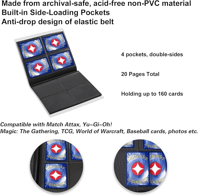 GEAoffice Small Card Binder - 4 Pocket Trading Card Collection Album Folder - 160 Side Loading Pocket Binder for TCG, MTG, Sports & Game Cards - Gifts for Card Collectors (White)