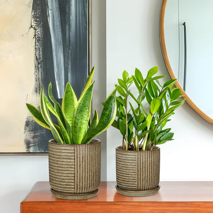 Oairse Ceramic Pots for Indoor Plants, 6.1 +4.9 inch Pots for Plants Set of 2 Brown Plant Pots with Drainage Holes and Saucers Texture Ceramic Planters Indoor Outdoor Flower Pot for Succulent