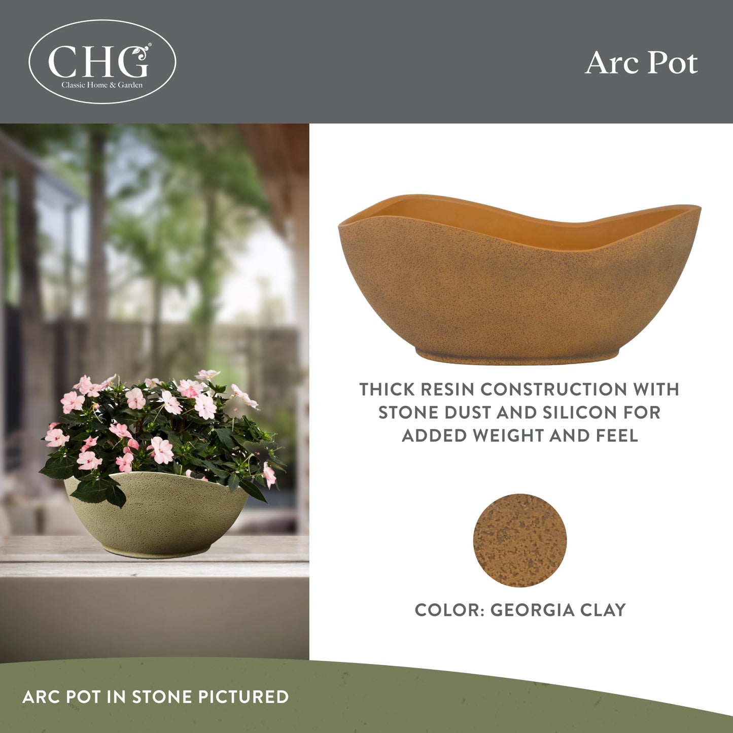 Classic Home and Garden Arc Unique Planter Bowl w/Drain Plug - UV Resistant Shallow Planter - Modern Plant Pot for Herbs (12.5” Georgia Clay)