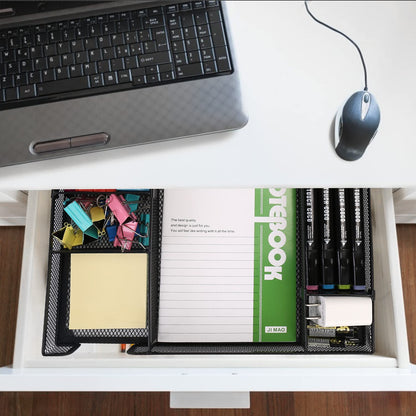 EsOfficce Desk Drawer Organizer Tray with Adjustable Compartments, 6 Grid Metal Mesh Drawer, Multi-use Desk Organizer Storage Box Set for Office,Home,School Supplies, 12.6X9X1.9 inch