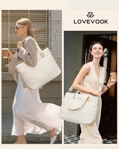 LOVEVOOK Laptop Tote Bag for Women, 15.6 Inch Large Puffer Work Computer Tote Bags for Teacher Nurse, Quilted Women's Purse Tote Shoulder Handbags with Zipper for Travel College Office Gym, Beige
