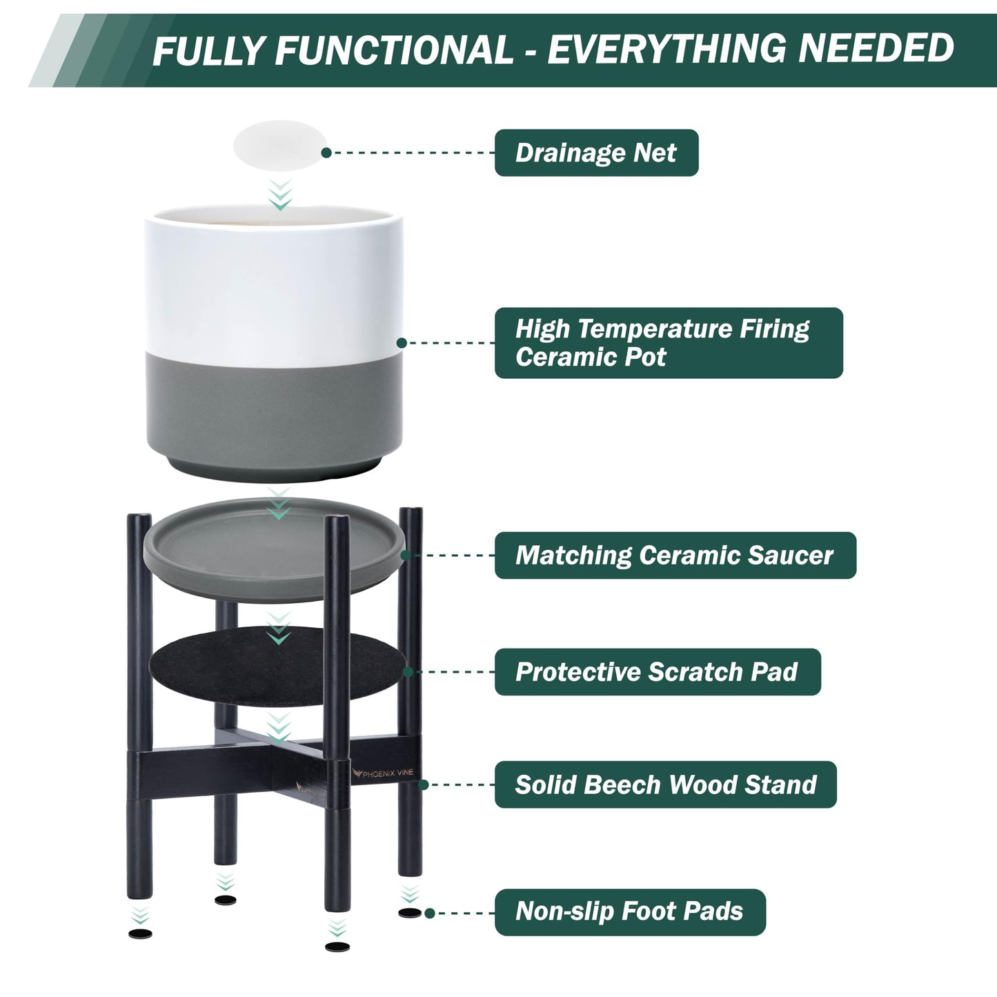 D'vine Dev Ceramic Planter with Ebony Stand - 8 Inch Modern Round Flower Pot with Wood Planter Holder, White/Grey, 55-B-M-6