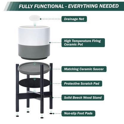 D'vine Dev Ceramic Planter with Ebony Stand - 8 Inch Modern Round Flower Pot with Wood Planter Holder, White/Grey, 55-B-M-6