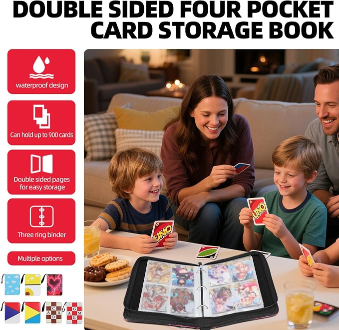 Collectible Trading Card Albums,4 Pocket Card Binder, 400 Double Sided Pocket PU Premium Zip Trading Collection Binderwith 50 Removable Sleeves, Card Folder forTCG, Sports Cards (Red&Yellow& Blue)
