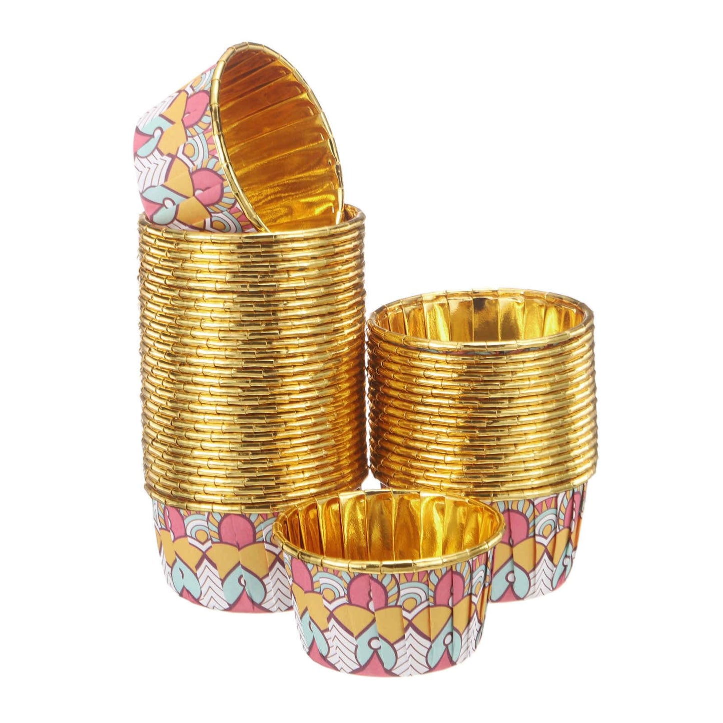 HARFINGTON 150 Pcs Cupcake Baking Liners 3.5 oz Foil Cupcake Liners Gold Little Baking Cups Bohemian Style for Birthday Party Wedding Festival, Dark Pink/Yellow