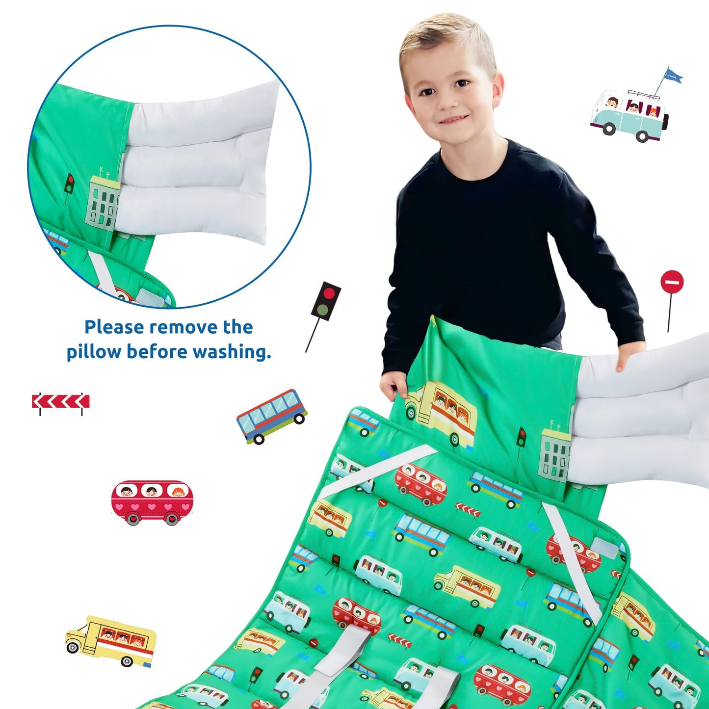 Safotad Toddler Nap Mat with Pillow and Blanket, Soft Sleeping Bag for Kids Boys and Girls, Slumber Bags Kids for Preschool, Daycare, Travel, Camping, 54" x 33" Great for Ages 3-6(Green)
