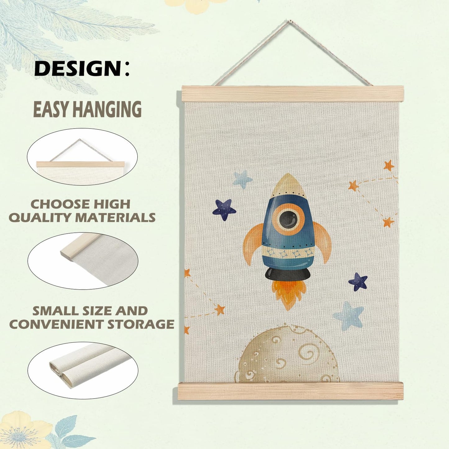 BearCake Space Nursery Decor, Solar System Rocket Wall Art Poster Hanger Frame, Space Canvas Prints Framed Wall Decor for Classroom Toddler Boys Room Nursery Playroom, 12x16 Inch Set of 2